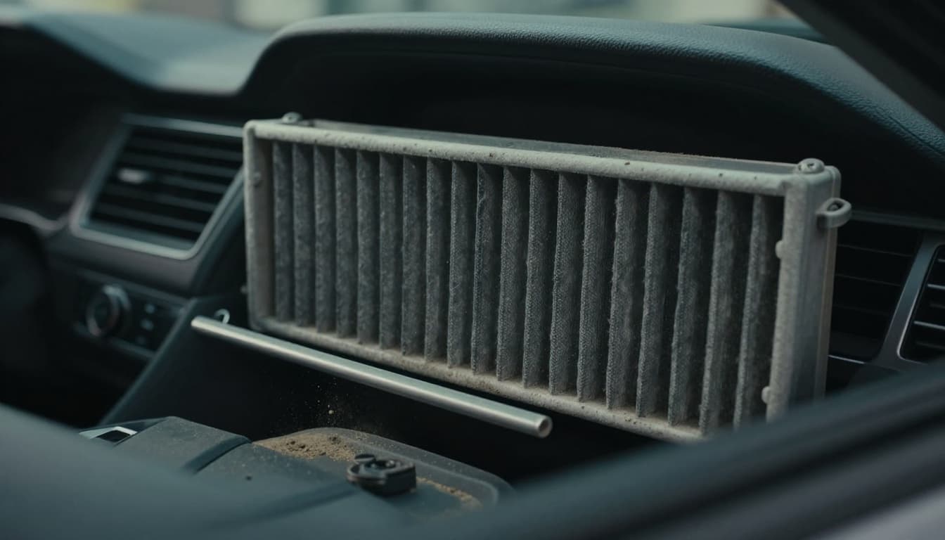 Car cabin air filter housing visible behind an open glovebox, with the filter partially removed to show heavy dust buildup on the interior dashboard. Cinematic style featuring strong contrast, depth, and dramatic lighting.