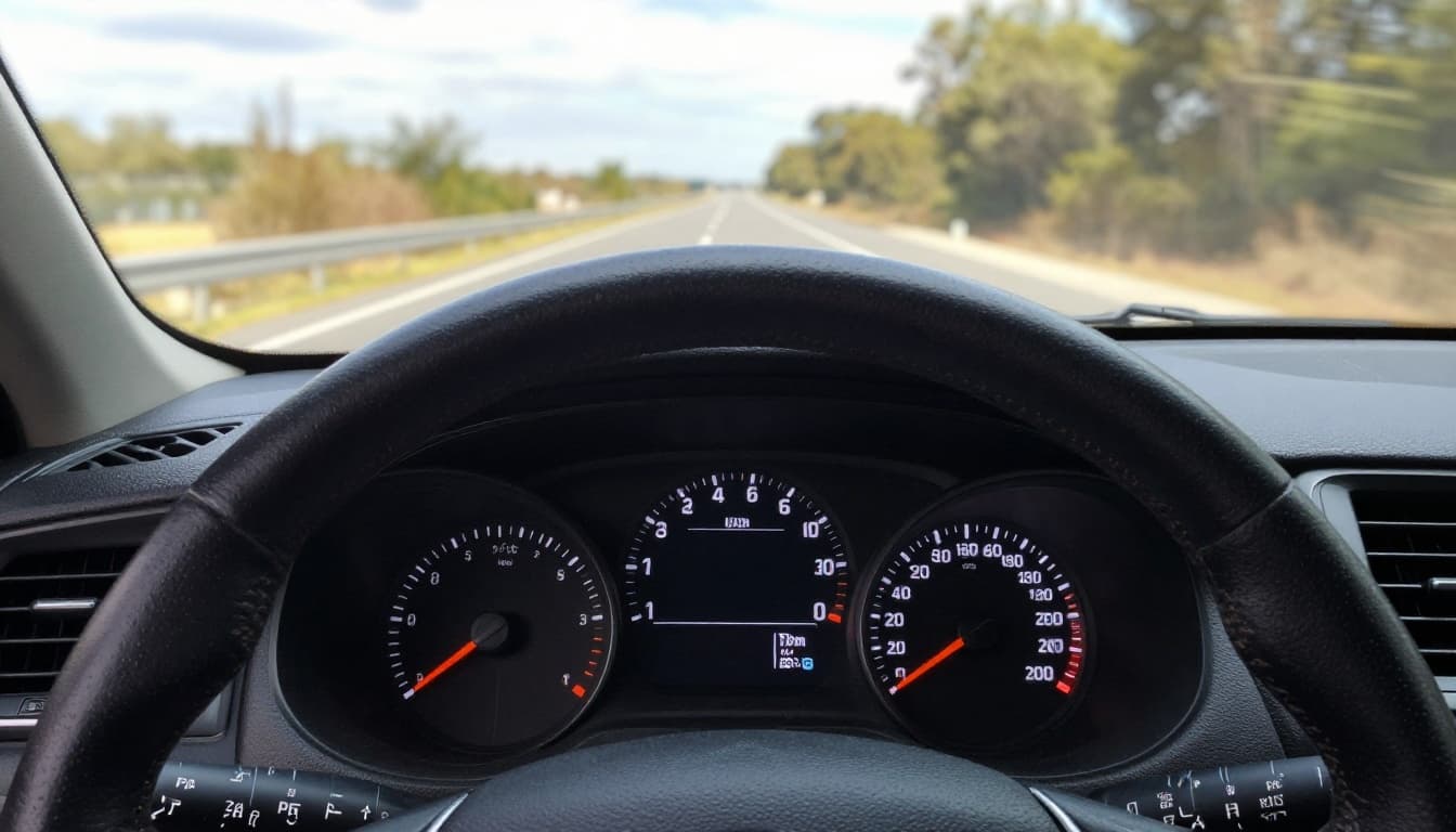 Modern car dashboard displaying enhanced MPG gauge after filter change, featuring steering wheel, vents in foreground, and sunny road ahead in cinematic style with dramatic lighting.