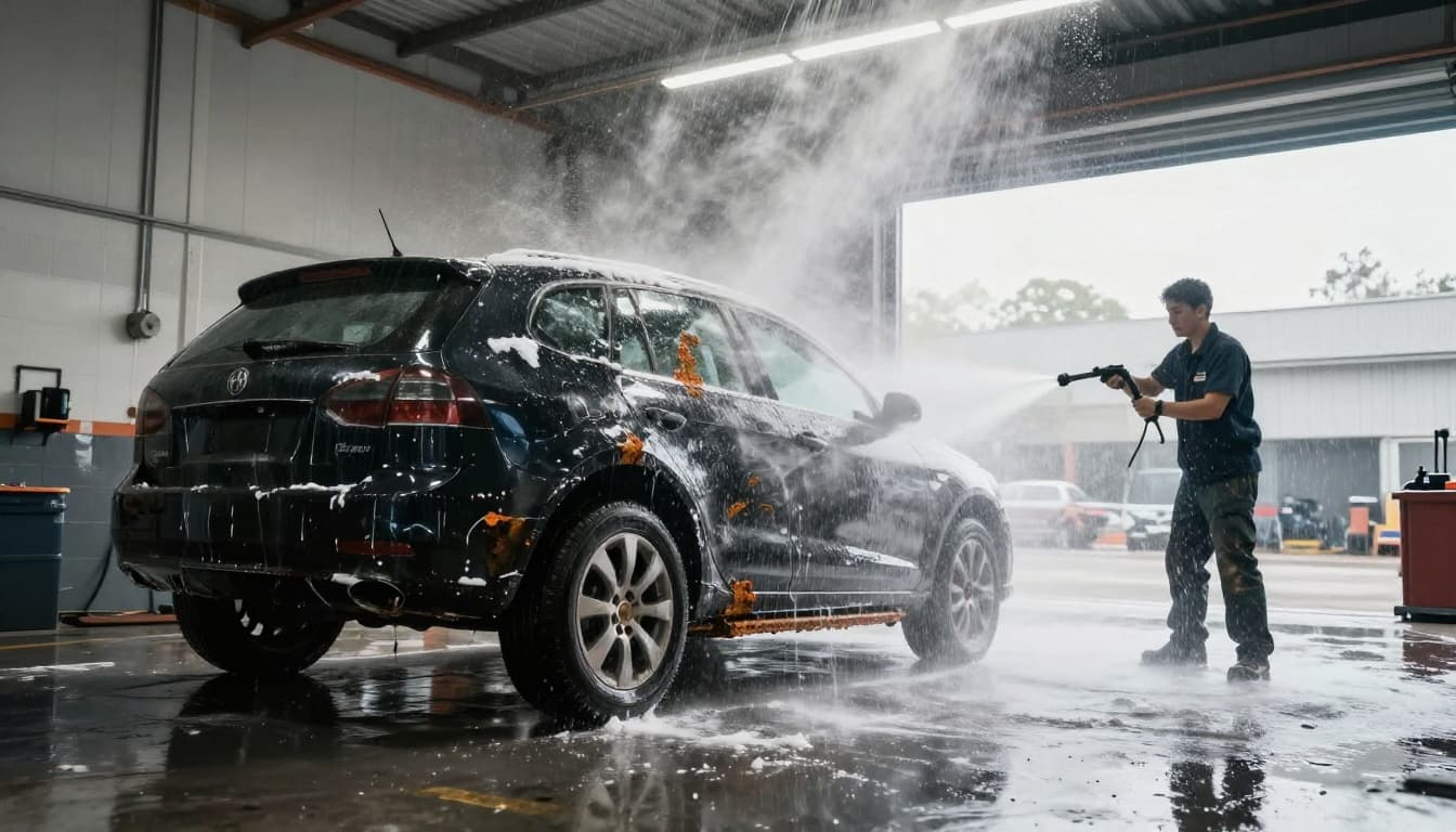 A mechanic in a garage bay sprays high-pressure water on the undercarriage of a car elevated on a lift to remove salt and rust buildup, captured from a low angle with cinematic lighting, strong contrast, and dynamic water spray effects.