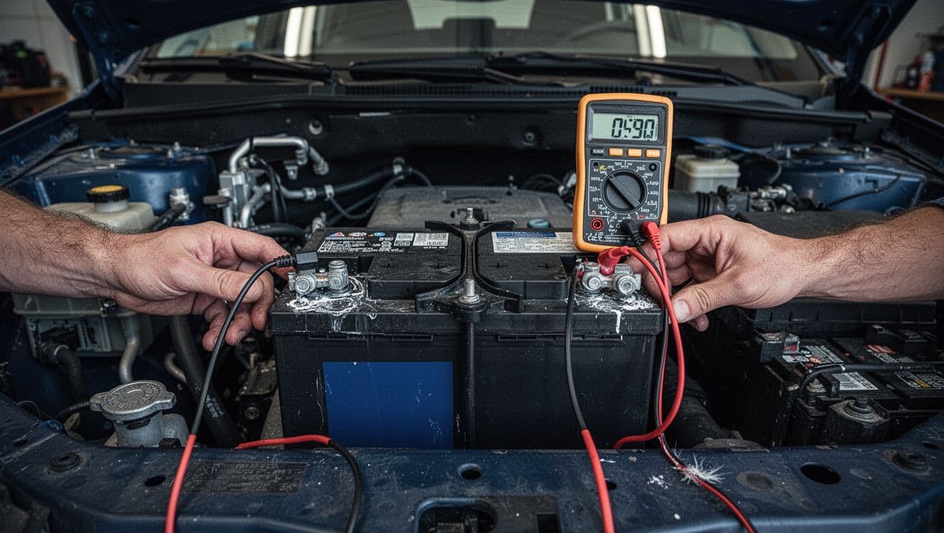 Car battery in engine compartment with cleaned terminals and multimeter connected for load test in a daylight garage setting. Front-on cinematic composition featuring strong contrast, dramatic lighting, and muted dark blue hues.