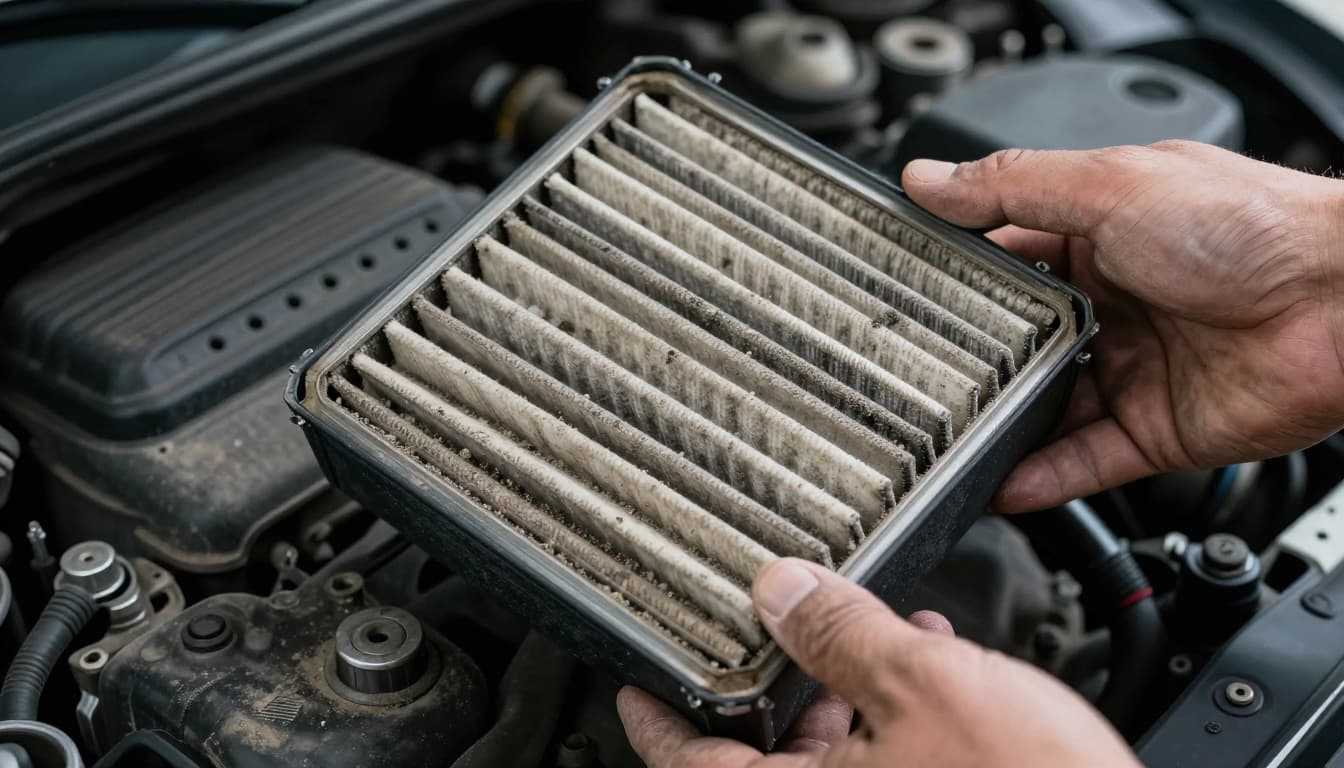 Close-up of a dirty engine air filter removed from a car, with dust and debris visible on the pleats, held in a mechanic's gloved hands against an engine bay background in cinematic style.