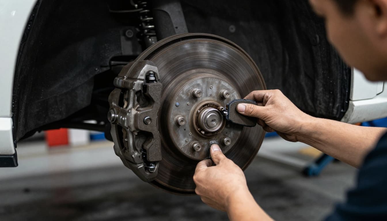 Close-up of car brake caliper and pad during garage inspection, with mechanic's gloved hands pointing to worn pad edge on wheel supported by jack stands. Cinematic style emphasizes pad thickness for safety checks.