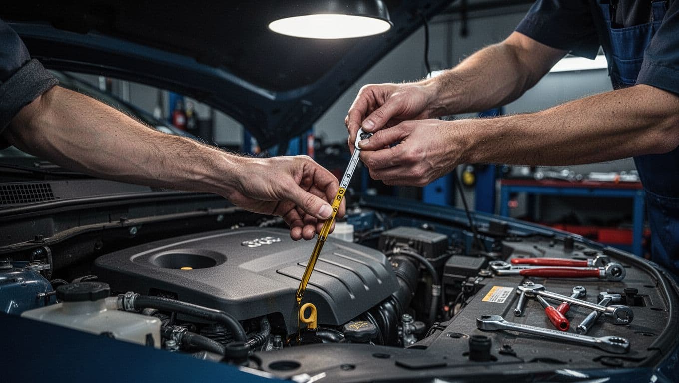Close-up of two hands checking the oil dipstick in a 2026 sedan engine bay, with oil level visible, in a mechanic shop setting with tools nearby and cinematic dramatic lighting.