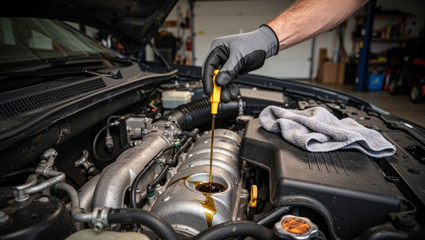 A single gloved hand pulls a yellow-handled dipstick straight out from the engine bay of a parked car in a home garage, with a rag nearby and oil film visible on the tip.
