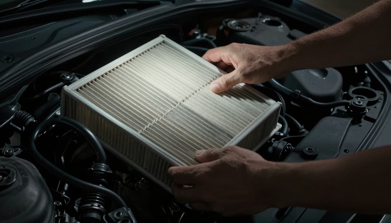 Mechanic's hands hold an engine air filter up to the light to inspect its condition, implying clean and dirty sides, with the car hood open in the background. Cinematic style featuring strong contrast, depth, and dramatic lighting.