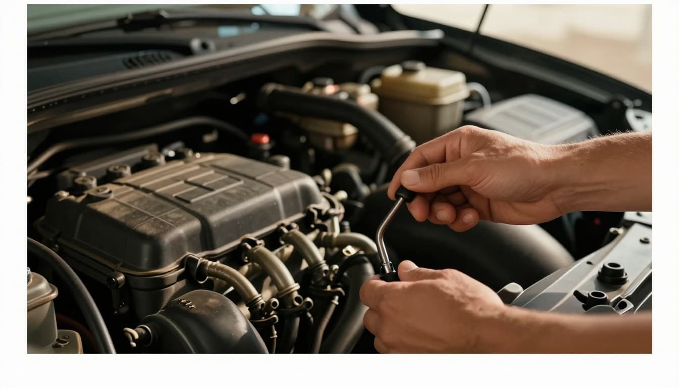 Close-up of a person's hands pulling the oil dipstick from a car engine under an open hood in a home garage, with engine bay details and fluid reservoirs visible. Cinematic style featuring strong contrast, depth, dramatic lighting, and warm tones.