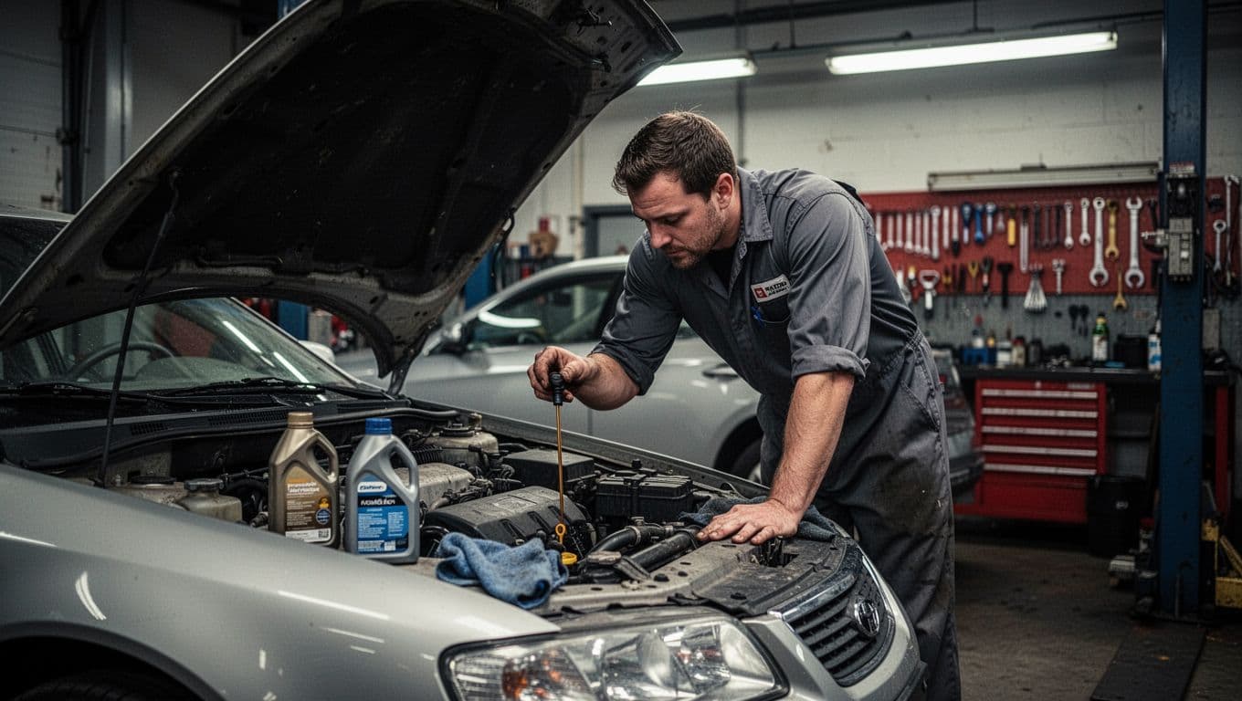 A mechanic in a garage bends over the open hood of a silver sedan, focused on checking the oil dipstick with an oil bottle and rag nearby. Cinematic style with dramatic lighting from overhead shop lights, garage interior in soft focus.