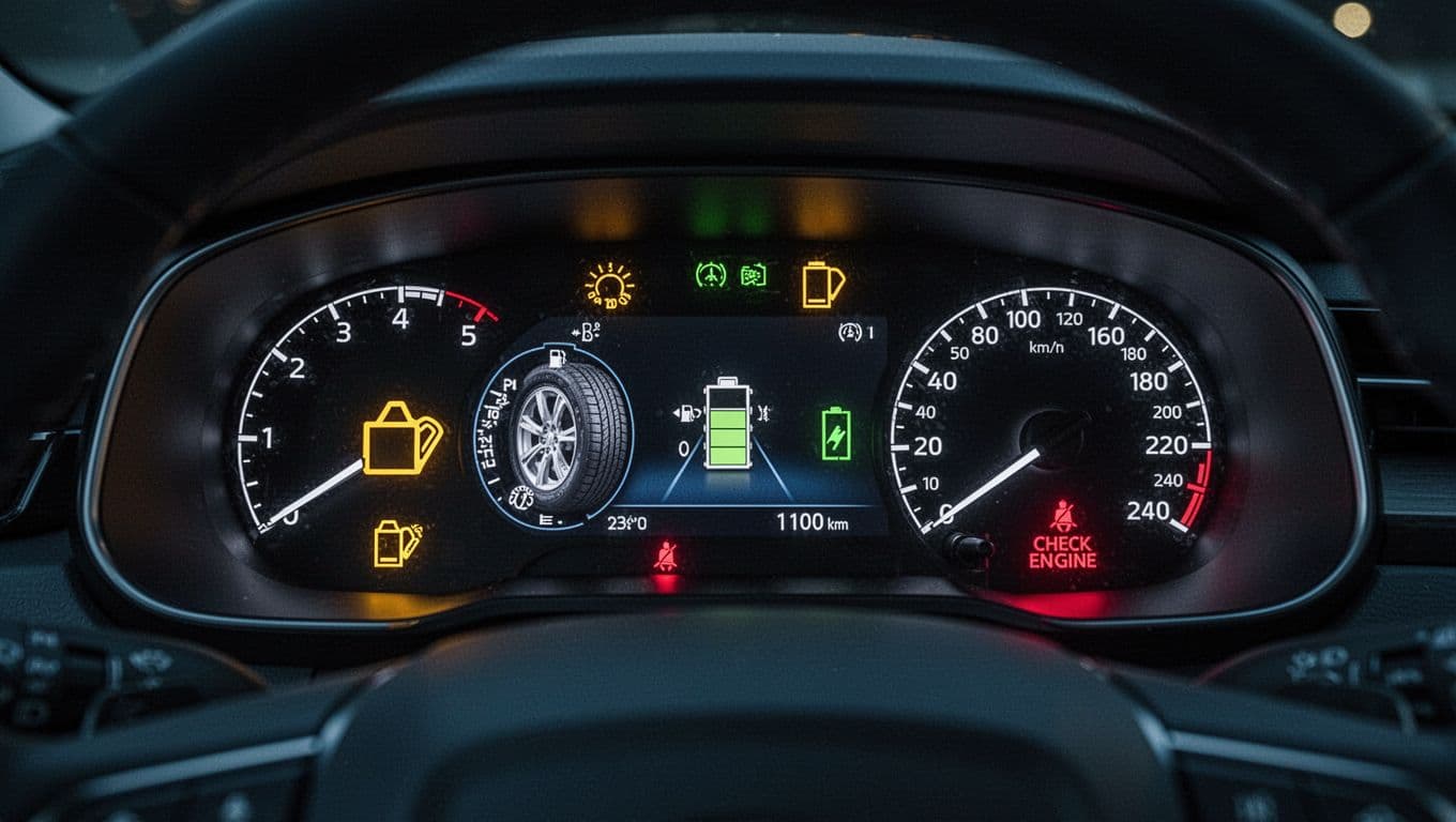 Close-up view of a modern 2026 car instrument cluster at night, featuring illuminated warning symbols for oil pressure, tire pressure, battery, and check engine light, captured in a cinematic style with dramatic contrast and blue-toned lighting.