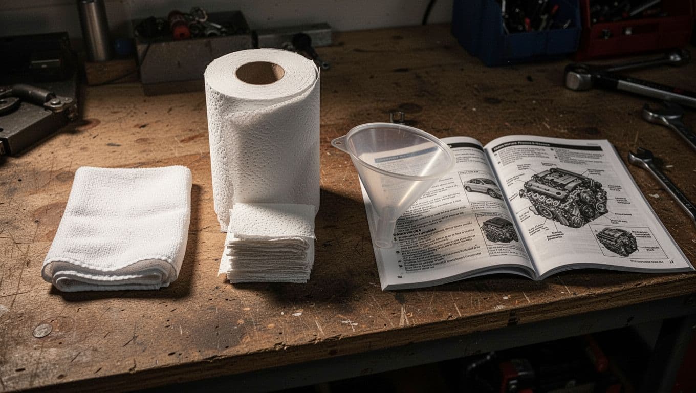 Clean white rag, stack of paper towels, clear plastic funnel, and open car owner's manual with engine diagram arranged in a row on a wooden garage workbench, captured in cinematic style with dramatic side lighting and warm tones.
