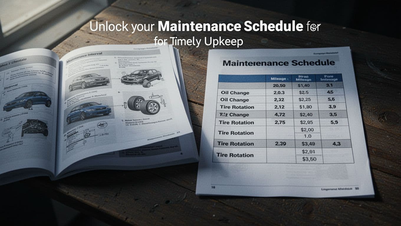 Top-down view of an open car owner manual on a wooden table next to a printed maintenance schedule chart showing mileage intervals for oil changes and tire rotations, lit by soft daylight in a cinematic style.