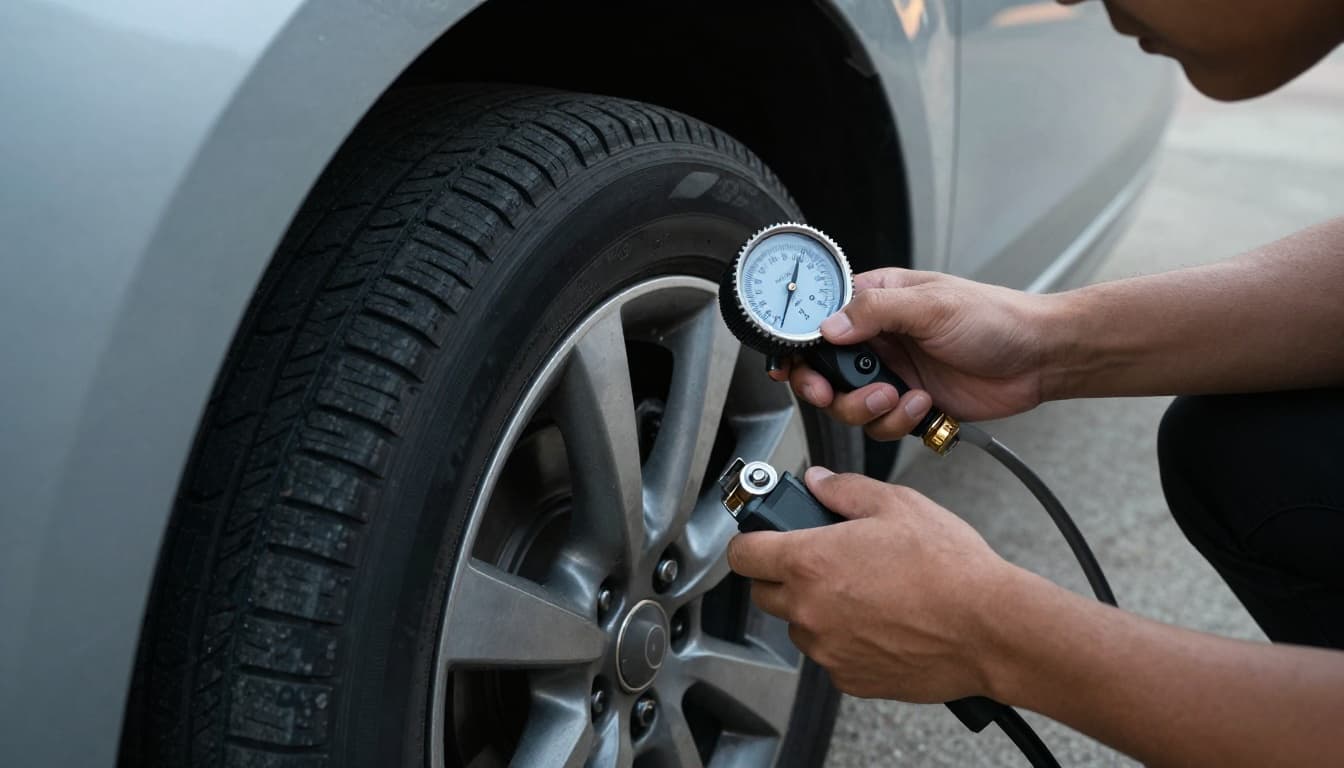 A person kneels beside a car tire in a daytime driveway, using a tire pressure gauge on the valve stem in a side view composition showing the gauge reading and detailed tire sidewall and tread, captured in cinematic style with strong contrast and dramatic lighting.