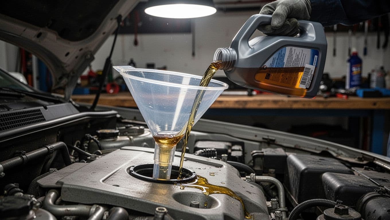 Clear plastic funnel inserted into open oil filler cap on car engine under hood, with half-full oil bottle pouring amber oil slowly into it. Garage workbench background, cinematic style with dramatic lighting emphasizing clean oil flow, no spills or people visible.