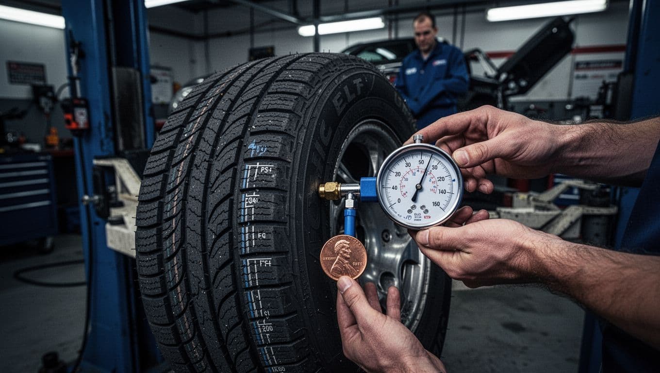 Car tire elevated on a garage lift with pressure gauge attached to valve stem showing PSI reading and penny measuring tread depth; two hands holding gauge in cinematic style with dramatic lighting and dark blue tones.